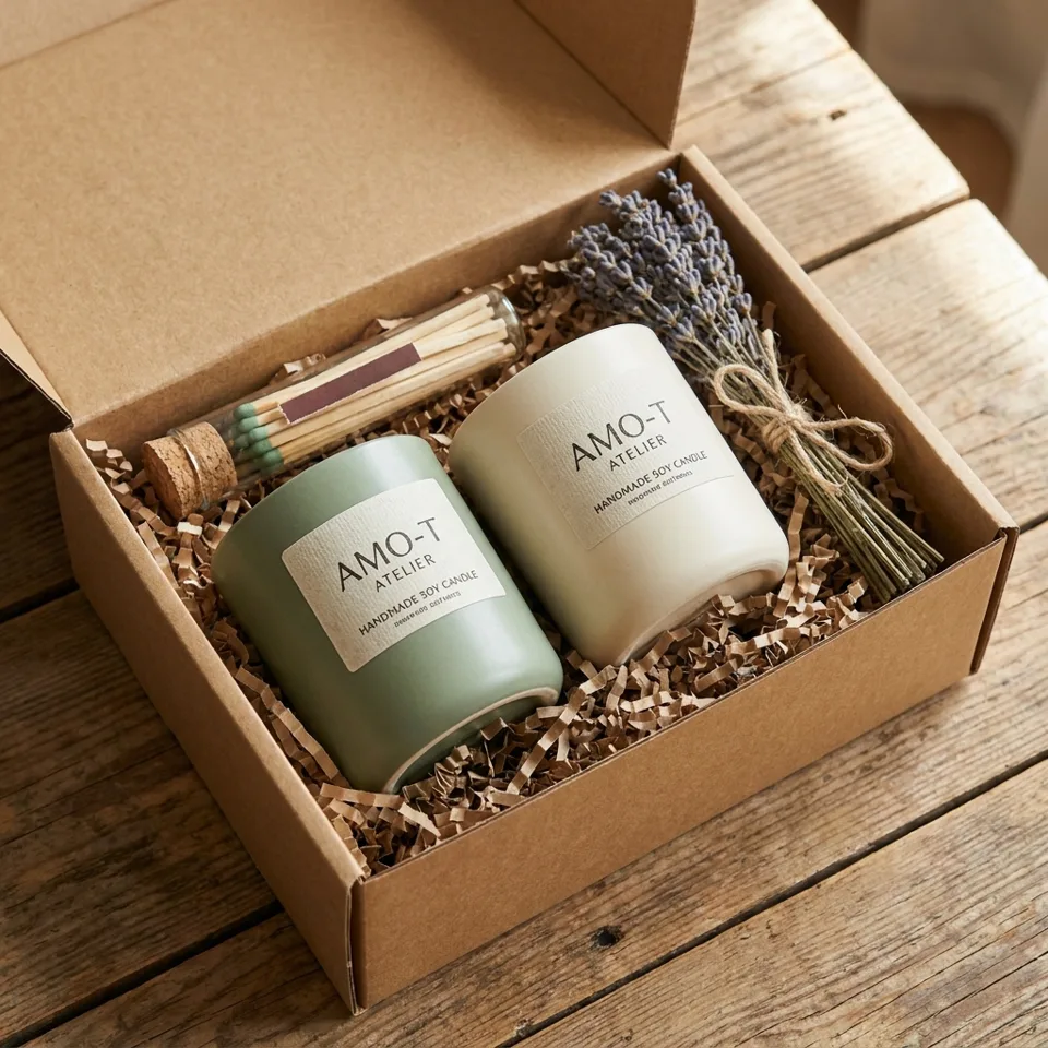 Set de două lumânări crem și verde salvie într-o cutie cadou