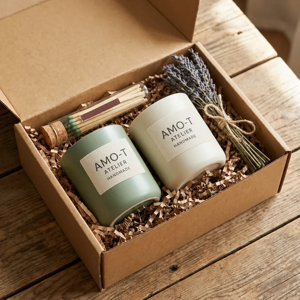 Set de două lumânări crem și verde salvie într-o cutie cadou