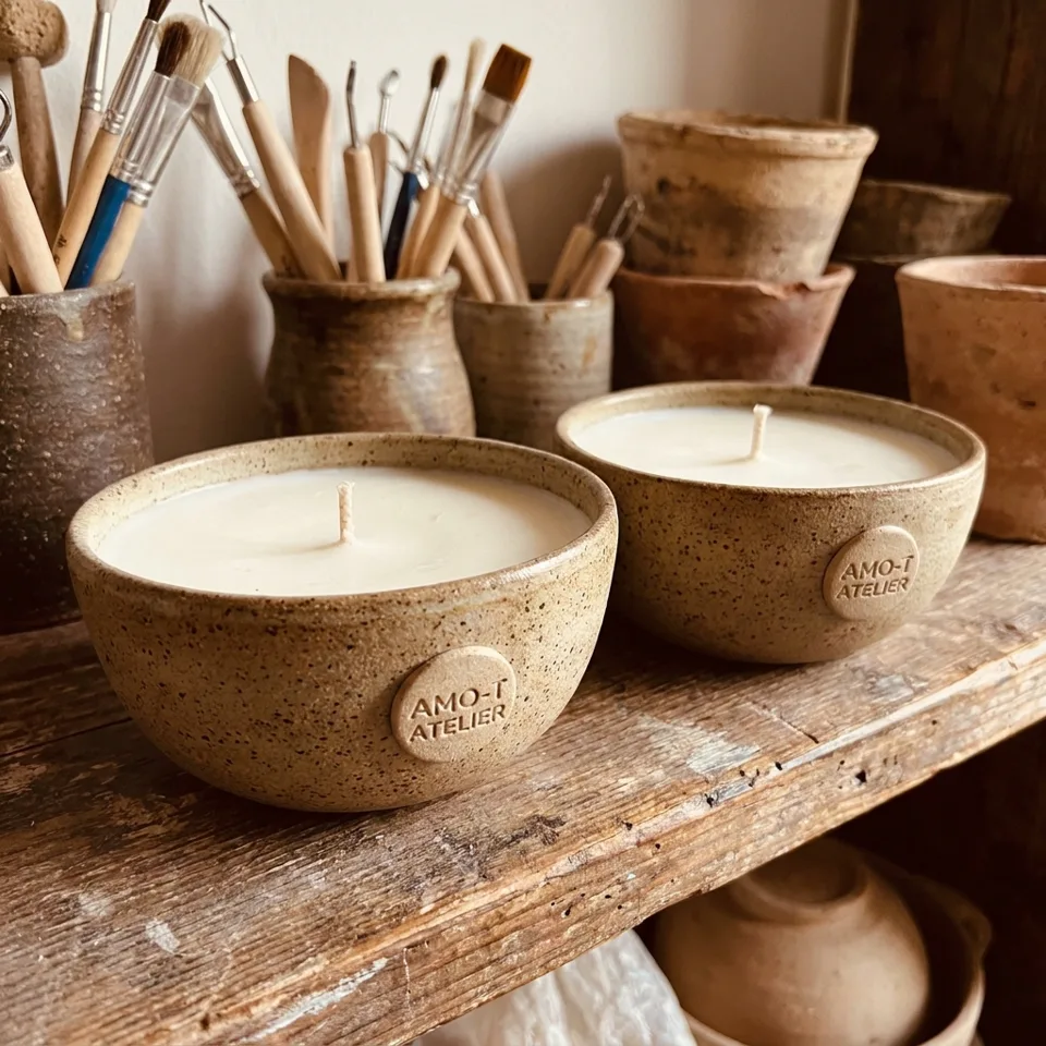 Două lumânări în vase ceramice cu textură naturală