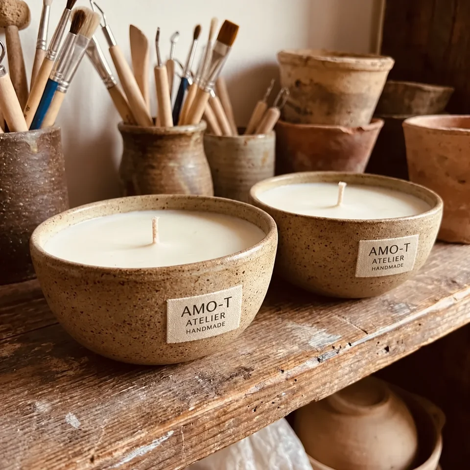 Două lumânări în vase ceramice cu textură naturală