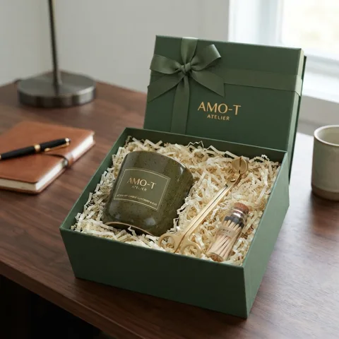 Set cadou într-o cutie verde închis, cu lumânare și accesorii
