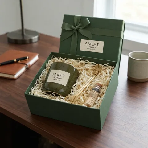 Set cadou într-o cutie verde închis, cu lumânare și accesorii